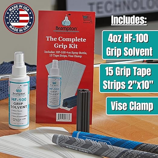 Brampton Complete Golf Grip Kit for Golf Club Regripping - 15 Premium 2"x10" Golf Grip Tape Strips, Rubber Vise Clamp, & 4 oz HF-100 Non-Irritating, Non-Flammable, Odorless Golf Club Grip Solvent