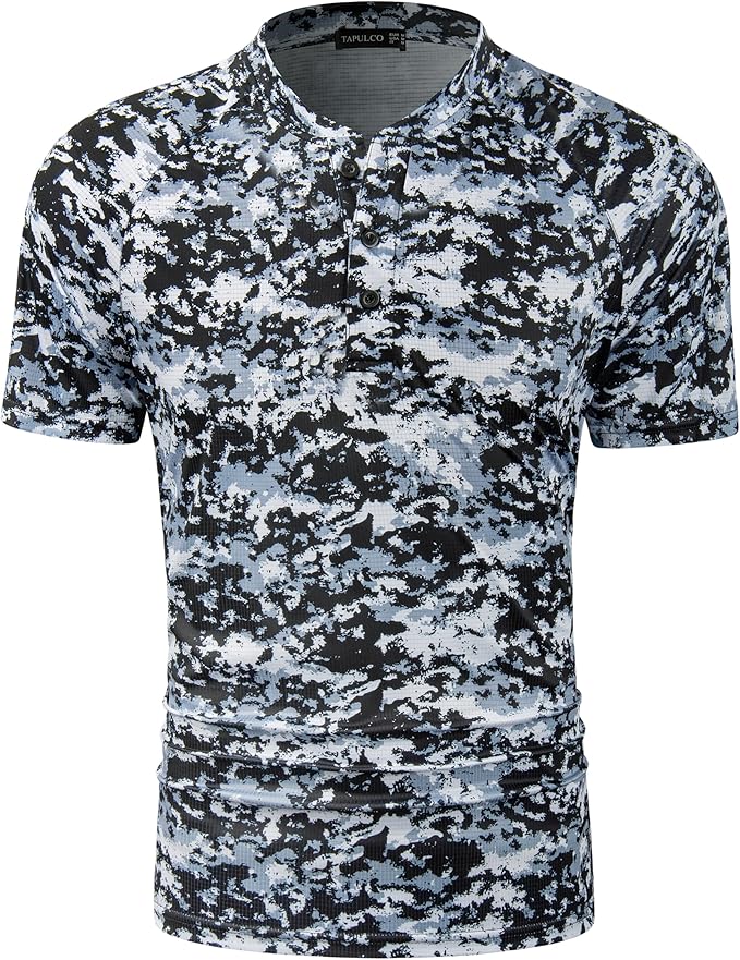 TAPULCO Mens Collarless Golf Shirts Short Sleeve Dry Fit Stretch Casual Breathable Lightweight Tshirts