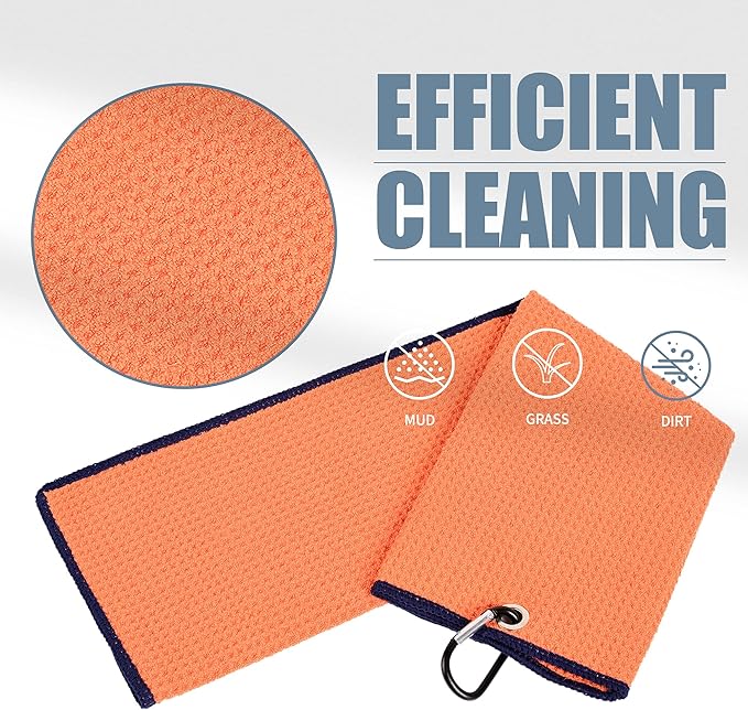Mile High Life Tri-fold Golf Towel | Premium Microfiber Fabric | Waffle Pattern | with Heavy Duty Carabiner Clip | Golf Towel for Men and Women (2 Pack Orange)