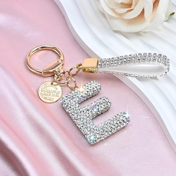 Pink Blue White Initial Letter Keychain Gift for Women Girls Bling Sparkly Cute Backpack Car Key Accessories Lanyard