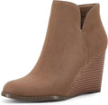 LAICIGO Womens V Cut Wedge Ankle Booties Zip-up Closed Toe Stacked Heel Faux Suede Winter Boots