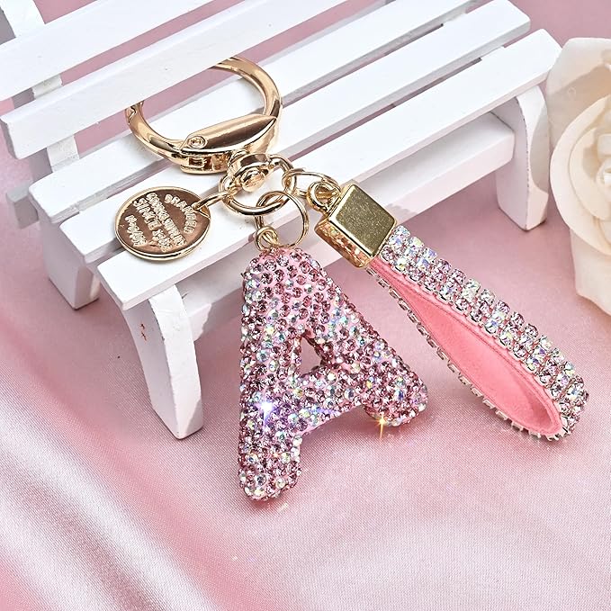 Pink Blue White Initial Letter Keychain Gift for Women Girls Bling Sparkly Cute Backpack Car Key Accessories Lanyard