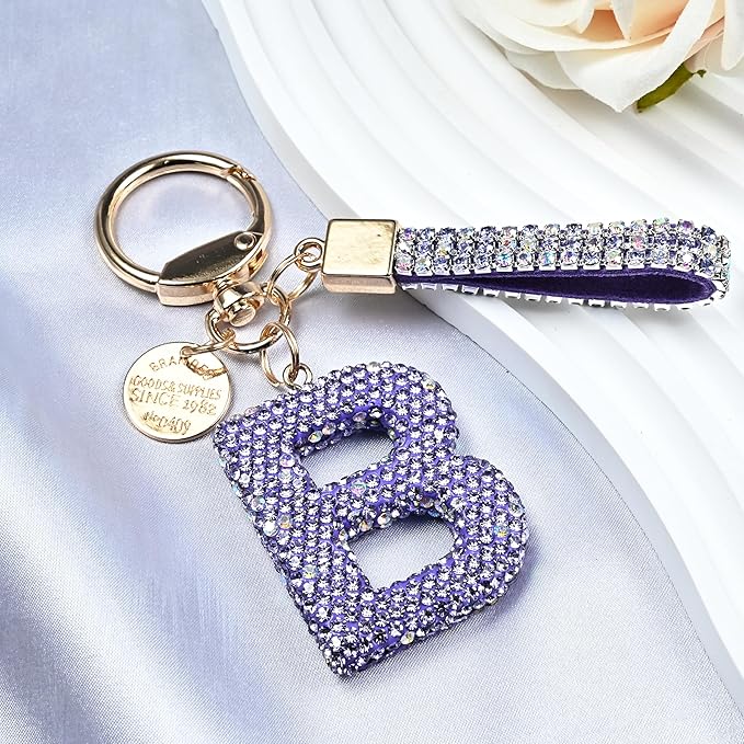 Pink Blue White Initial Letter Keychain Gift for Women Girls Bling Sparkly Cute Backpack Car Key Accessories Lanyard
