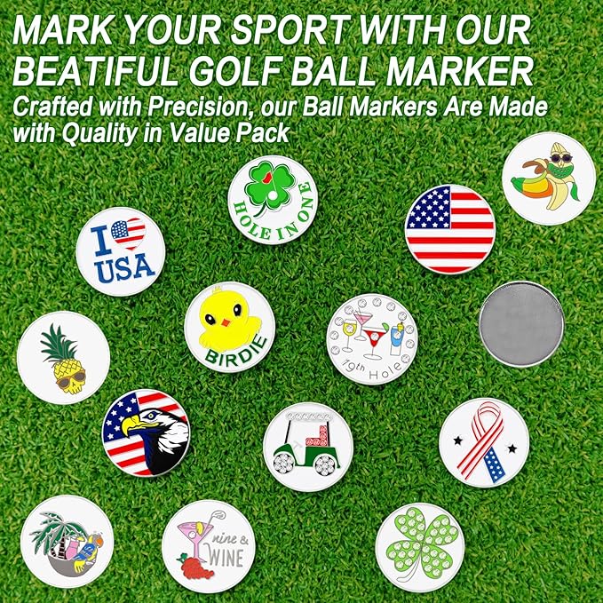 FINGER TEN Golf Ball Marker with Hat Clip Markers Assorted Patterns Value Gift Set Mark Golf Divot Tool Accessories for Men Women Kids