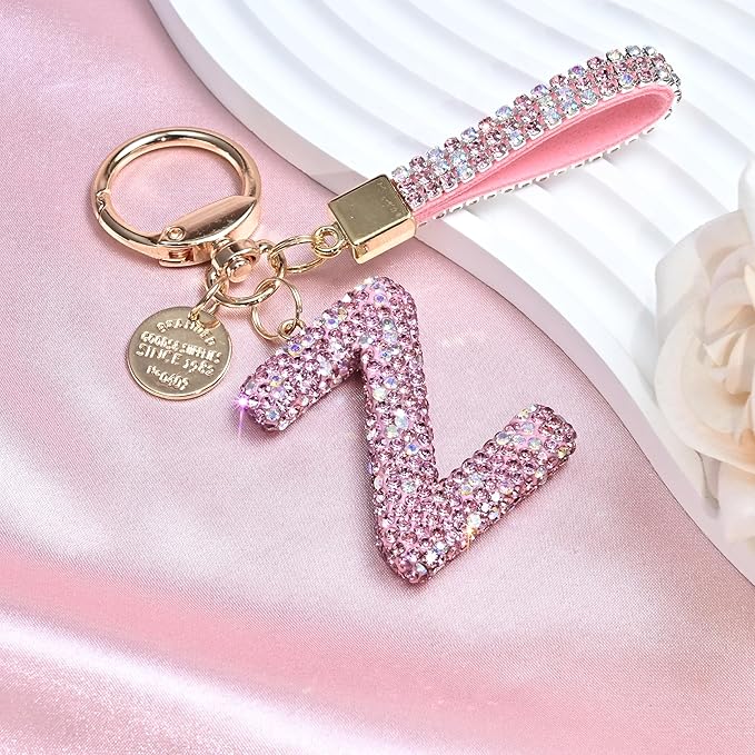 Pink Blue White Initial Letter Keychain Gift for Women Girls Bling Sparkly Cute Backpack Car Key Accessories Lanyard