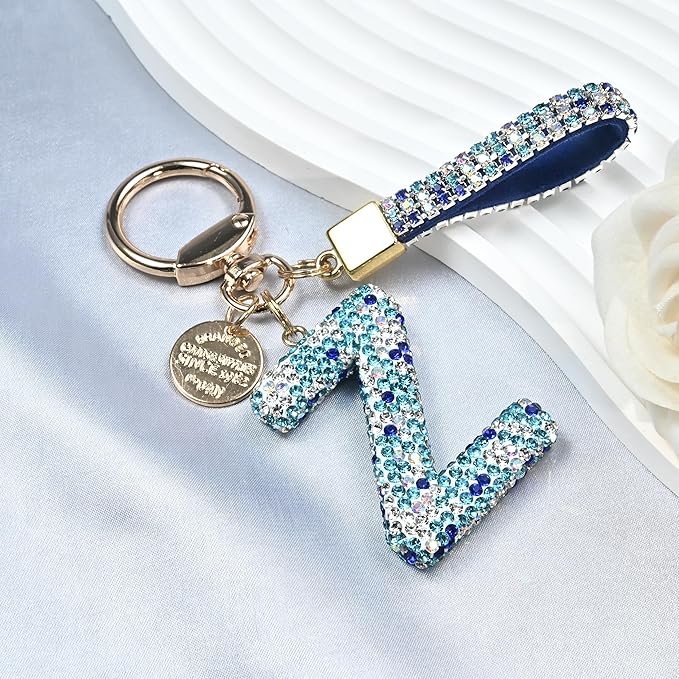 Pink Blue White Initial Letter Keychain Gift for Women Girls Bling Sparkly Cute Backpack Car Key Accessories Lanyard