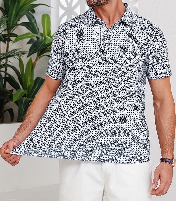 Lexiart Mens Golf Shirt Short Sleeve Dry Fit Print Moisture Wicking Performance Patterns Collared Polo Shirt with Pocket