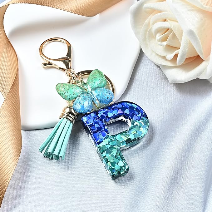 JINGUAZI Initial letter Keychains for Women Tassel Butterfly Pink Purple Cute Car Keychain for Wallet Backpack bag charm