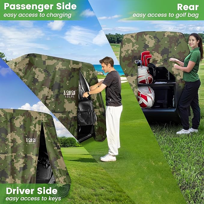 10L0L Golf Cart Cover 2/4/4+2 Passenger for Yamaha EZGO Club Car, Heavy Duty 420D Waterproof Windproof Durable Polyester Golf Cart Cover with 3 Zipper Doors for All-Weather Protection (Black/Silver)