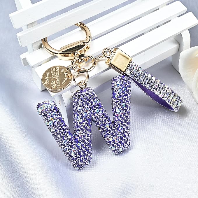 Pink Blue White Initial Letter Keychain Gift for Women Girls Bling Sparkly Cute Backpack Car Key Accessories Lanyard