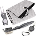 Mile High Life Microfiber Waffle Pattern Golf Towel | Club Groove Cleaner Brush | Foldable Divot Tool with Magnetic Ball Marker (Gray Towel/Brush/Fish Divot)