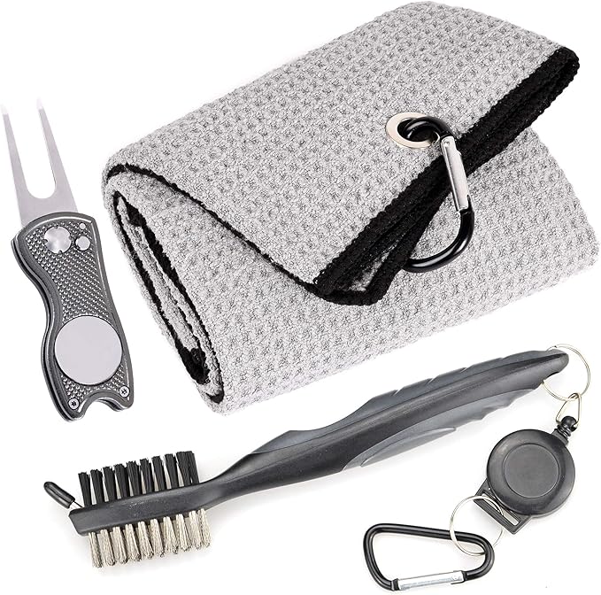 Mile High Life Microfiber Waffle Pattern Golf Towel | Club Groove Cleaner Brush | Foldable Divot Tool with Magnetic Ball Marker (Gray Towel/Brush/Fish Divot)