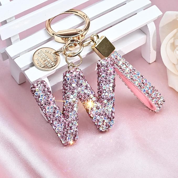 Pink Blue White Initial Letter Keychain Gift for Women Girls Bling Sparkly Cute Backpack Car Key Accessories Lanyard