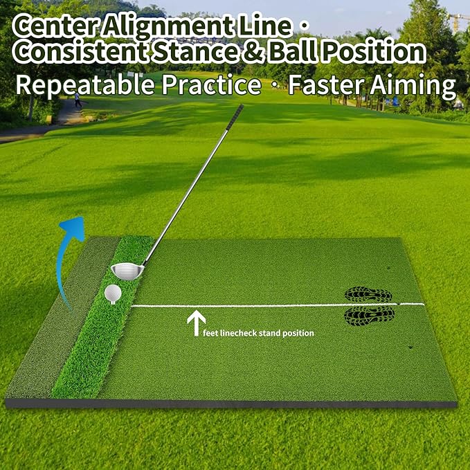 3-in-1 Golf Hitting Mat 5x4ft, Thick Golf Practice Mat with Alignment Line, Fairway/Rough/T-Turf Golf Training Mat, 14 Tees, Golf Mats Practice Indoor Outdoor for Hitting Driving Swing Chipping