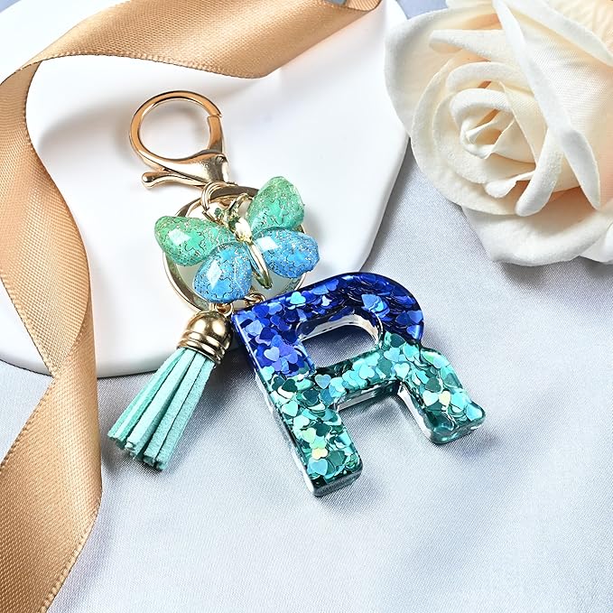 JINGUAZI Initial letter Keychains for Women Tassel Butterfly Pink Purple Cute Car Keychain for Wallet Backpack bag charm