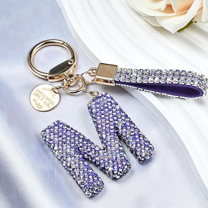 Pink Blue White Initial Letter Keychain Gift for Women Girls Bling Sparkly Cute Backpack Car Key Accessories Lanyard