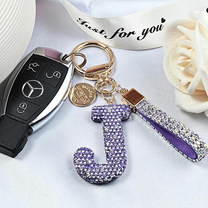 Pink Blue White Initial Letter Keychain Gift for Women Girls Bling Sparkly Cute Backpack Car Key Accessories Lanyard