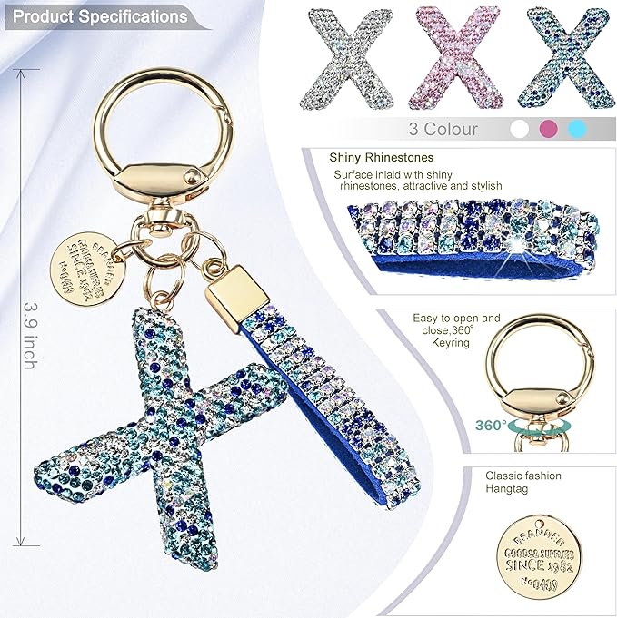 Pink Blue White Initial Letter Keychain Gift for Women Girls Bling Sparkly Cute Backpack Car Key Accessories Lanyard