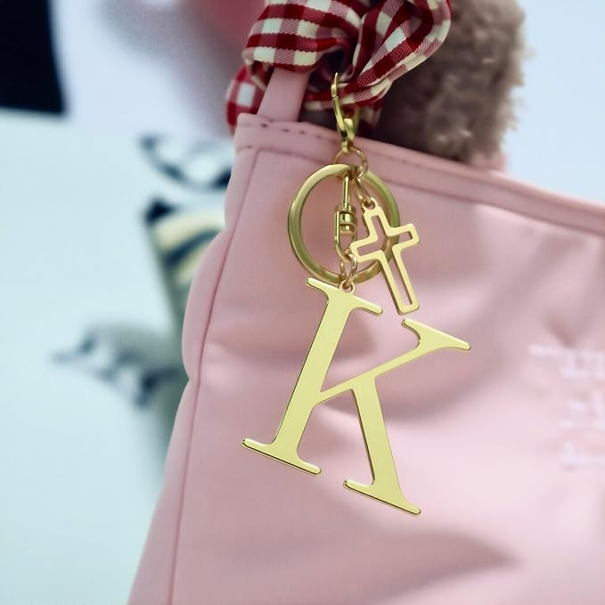 Gold Initial Keychain for Women A-Z Letter Cross Keychains Alphabet Key Chain bag Accessories Gift for Christian