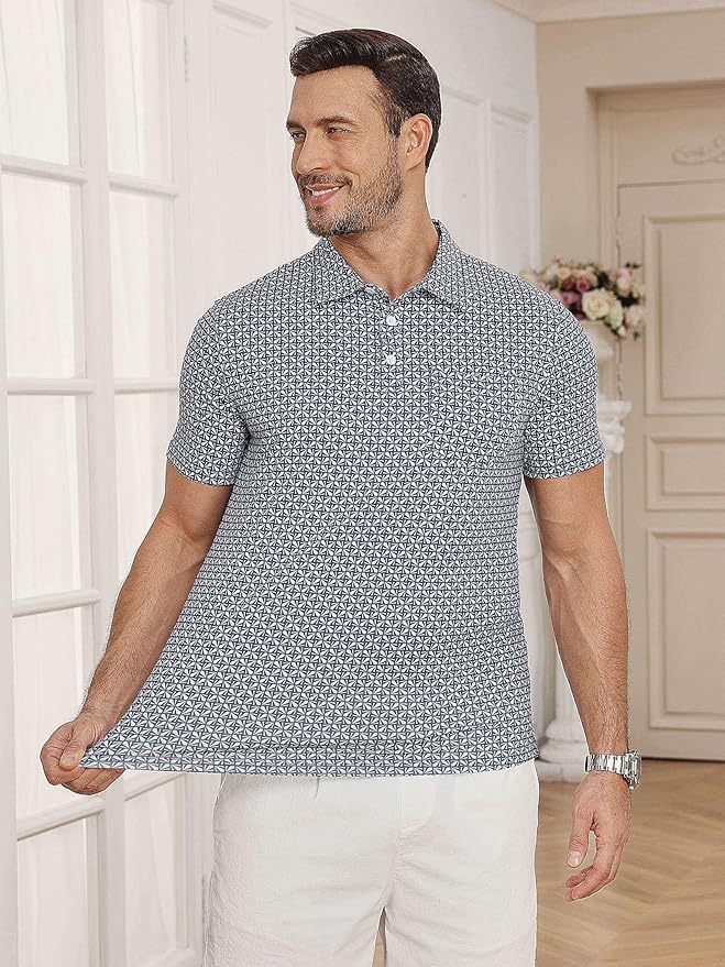 Lexiart Mens Golf Shirt Short Sleeve Dry Fit Print Moisture Wicking Performance Patterns Collared Polo Shirt with Pocket