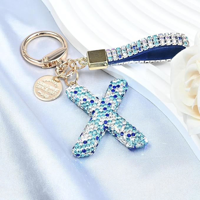 Pink Blue White Initial Letter Keychain Gift for Women Girls Bling Sparkly Cute Backpack Car Key Accessories Lanyard