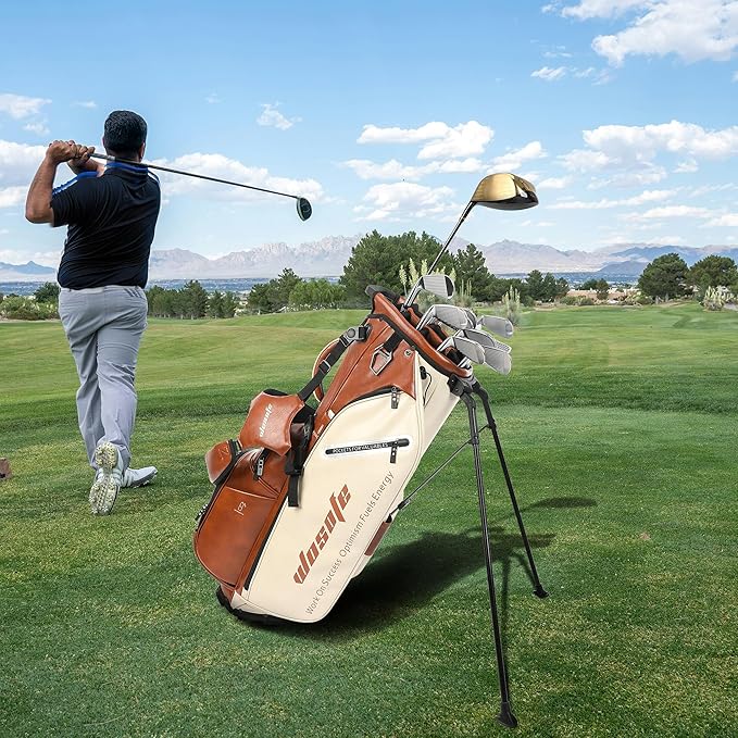 Lightweight 14-Way Golf Stand Bag, PU Leather Golf Bag Waterproof Men Women Full Length Top Dividers, Multiple 8 Pockets Cooler Pouch Adjustable Detachable Shoulder Dual Straps Rain Cover Hood