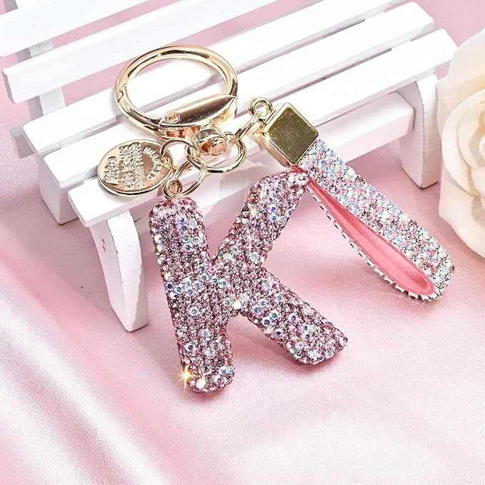 Pink Blue White Initial Letter Keychain Gift for Women Girls Bling Sparkly Cute Backpack Car Key Accessories Lanyard