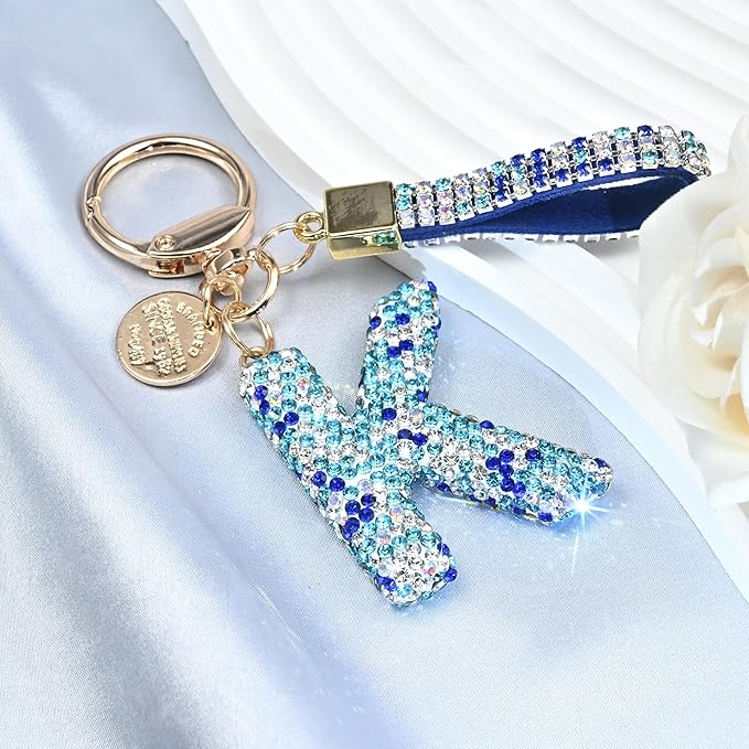 Pink Blue White Initial Letter Keychain Gift for Women Girls Bling Sparkly Cute Backpack Car Key Accessories Lanyard