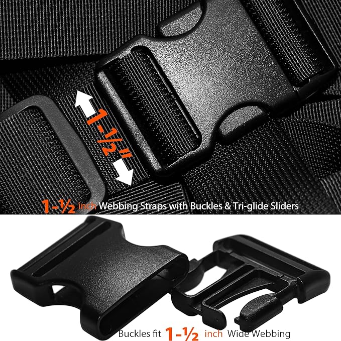 1-1/2 inch Straps Buckles Set: 6 yard Nylon Webbing Strap 1.5" Wide, 5 pack Side Release Plastic Buckle, 10 pcs Tri-glide Slide Clip, Heavy Duty Quick Snap Fasteners Dual Adjustable No Sew Required