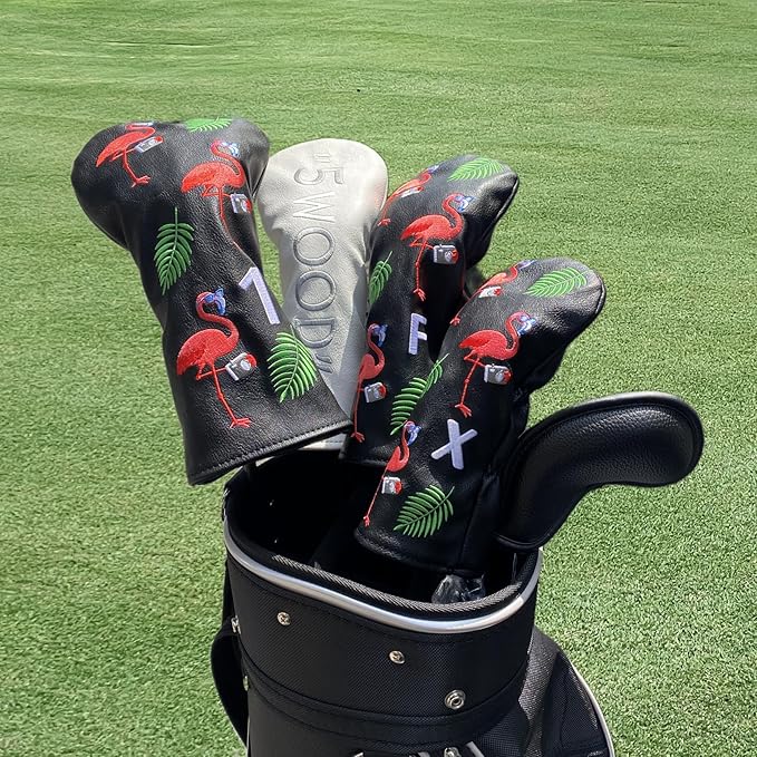 Flamingo Golf Club Headcover 3 Wood Head Cover Golf Premium（PU Leather Driver Fairway Wood Hybrid Head Cover Fits for All Brand