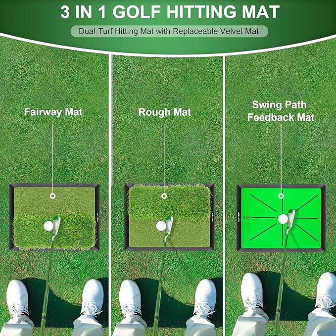 Dual-Turf Golf Hitting Mat with Replaceable Velvet Mat Golf Training Accessories for Swing Path Feedback 12.6"x16.5" Golf Practice Trainer Matt for Men Women Kids