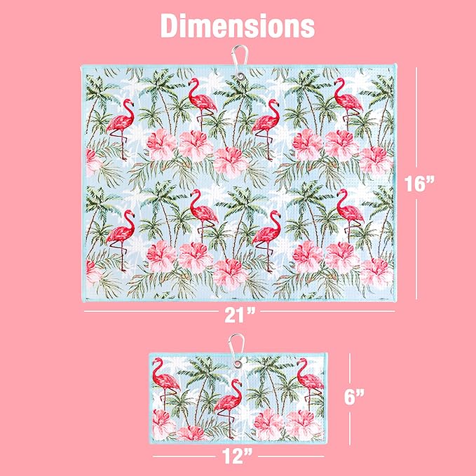 Microfiber Golf Towels for Golf Bags & Carts - Premium Weave Waffle & Ball Towels with Carabiner Clip, Essential Accessories for Men, Women, and Kids, Golfer Gifts, Set of 2 (Flamingo Paradise)