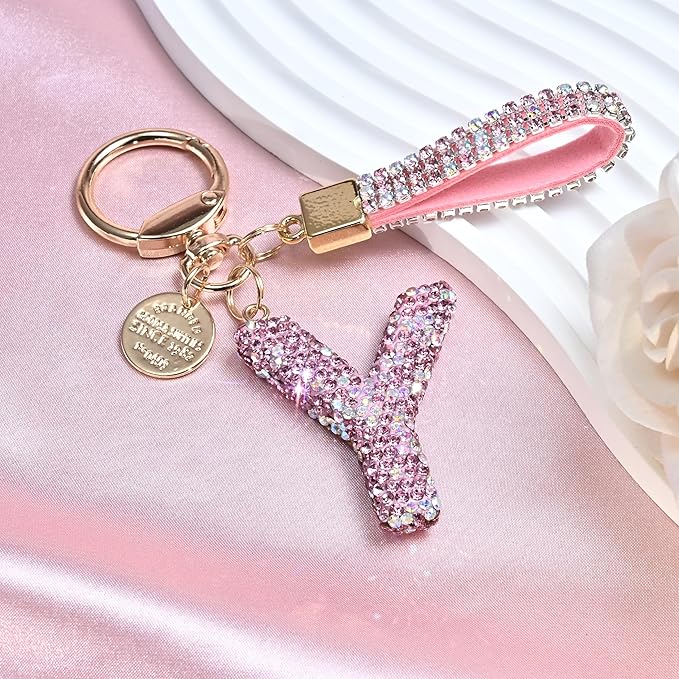 Pink Blue White Initial Letter Keychain Gift for Women Girls Bling Sparkly Cute Backpack Car Key Accessories Lanyard
