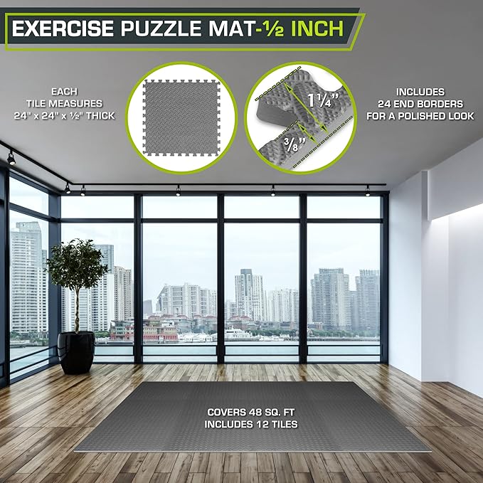 ProsourceFit Puzzle Exercise Mat ½ in, EVA Interlocking Foam Floor Tiles for Home Gym, Mat for Home Workout Equipment, Floor Padding for Kids, Grey, 24 in x 24 in x ½ in, 48 Sq Ft - 12 Tiles
