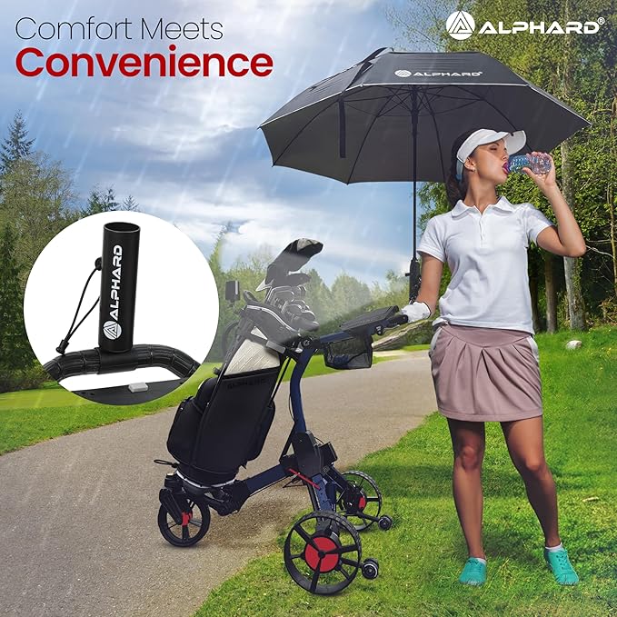 Alphard Electric Golf Cart with Remote - Cybercart Electric Golf Caddy, Motorized Golf Caddy w Accessories - Cup Holder, Umbrella Holder, Anti-tip Wheels, Phone Holder, Magnetic pad - Compact Folding