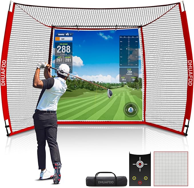 Golf Net with HD Simulator Screen 10 X 8 ft Golf Hitting Net Cage with Impact Screen & Target Cloth for Home Backyard Garage Swing Training Indoor Outdoor Use by DHUAFDD