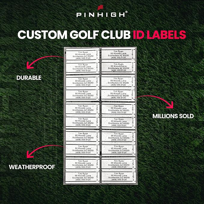 PIN HIGH: 40 Personalized Golf Club ID Labels | Weatherproof, Fade Resistant, Laminated Thermal Transfer Labels, Made in The USA, (Free Customization & Shipping), Black