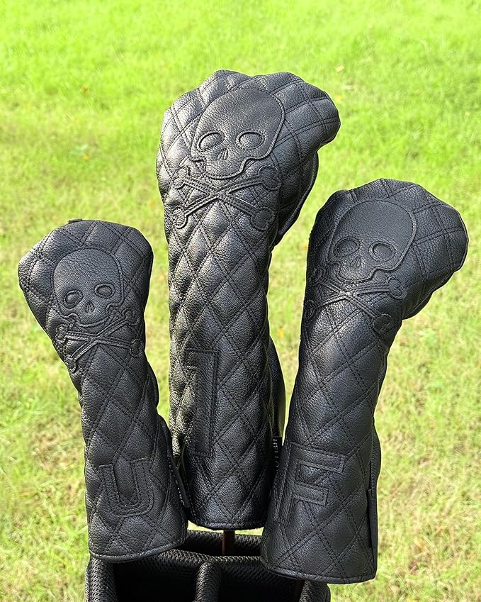 Golf Club Covers – Driver Headcover, Black Skull Leather, Fairway Wood & Hybrid, 3 Wood Headcover, Waterproof Easy-Clean, Universal Fit