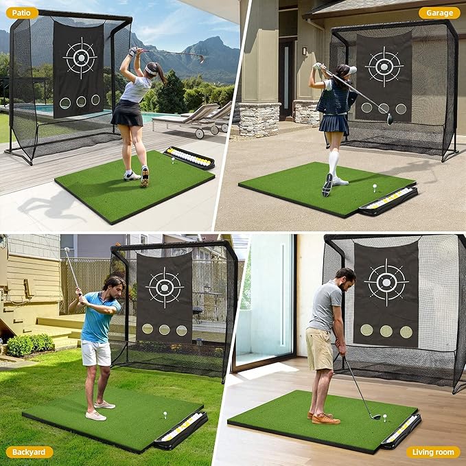 5x4ft Golf Hitting Mat, Thickened 21mm/31mm/36mm Artificial Turf Golf Practice Mats for Indoor Outdoor Backyard Driving Swing Training with 9 PU Balls, 3 Rubber Tees, 7 Tees