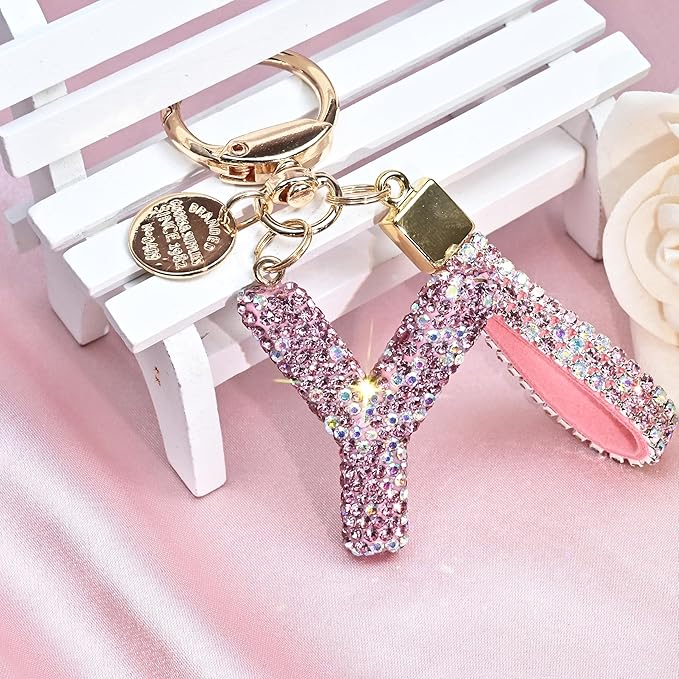 Pink Blue White Initial Letter Keychain Gift for Women Girls Bling Sparkly Cute Backpack Car Key Accessories Lanyard