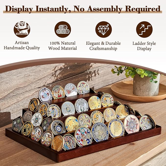 Challenge Coin Display Holder, Military Coin Display Stand 4-Tier for Collectors,Wooden Army Coins Collection Rack, Coin Stands for Display Desk Decor Walnut