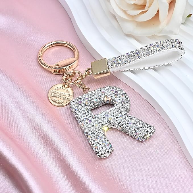 Pink Blue White Initial Letter Keychain Gift for Women Girls Bling Sparkly Cute Backpack Car Key Accessories Lanyard