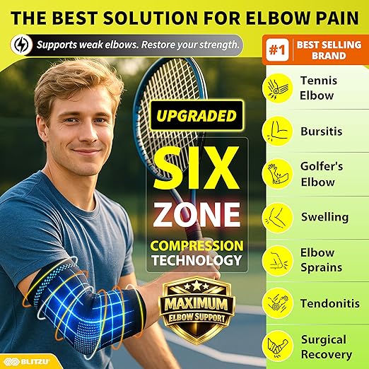 BLITZU Elbow Compression Sleeve for Tendonitis 2 Pack, Tennis Elbow Brace Support for Men and Women Golfers Elbow Pain Relief, Arthritis, Bursitis, Arm Brace for Workout, Weightlifting White M