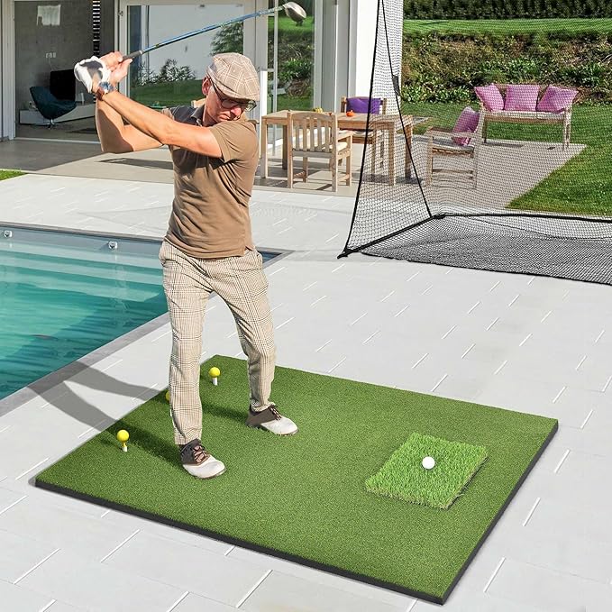5x4ft Golf Hitting Mat, Thickened 21mm/31mm/36mm Artificial Turf Golf Practice Mats for Indoor Outdoor Backyard Driving Swing Training with 9 PU Balls, 3 Rubber Tees, 7 Tees