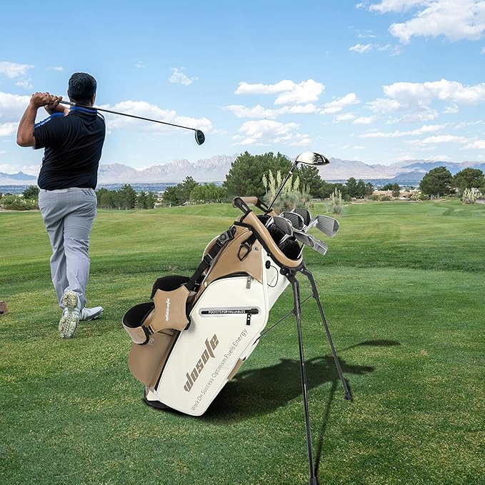 Lightweight 14-Way Golf Stand Bag, PU Leather Golf Bag Waterproof Men Women Full Length Top Dividers, Multiple 8 Pockets Cooler Pouch Adjustable Detachable Shoulder Dual Straps Rain Cover Hood
