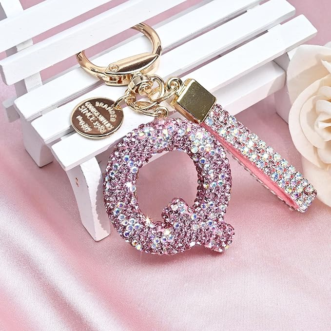 Pink Blue White Initial Letter Keychain Gift for Women Girls Bling Sparkly Cute Backpack Car Key Accessories Lanyard