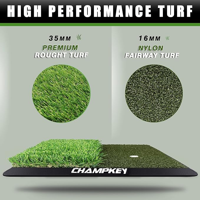 CHAMPKEY Dual-Turf Golf Hitting Mat | Come with 9 Golf Tees & 1 Rubber Tee | Heavy Duty Rubber Backing Golf Practice Mat Ideal for Indoor & Outdoor Training