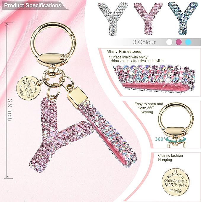 Pink Blue White Initial Letter Keychain Gift for Women Girls Bling Sparkly Cute Backpack Car Key Accessories Lanyard