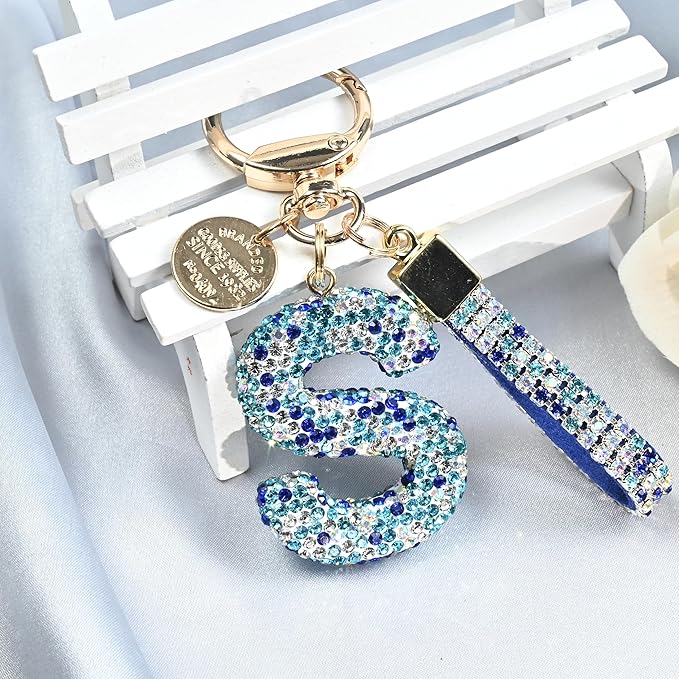 Pink Blue White Initial Letter Keychain Gift for Women Girls Bling Sparkly Cute Backpack Car Key Accessories Lanyard