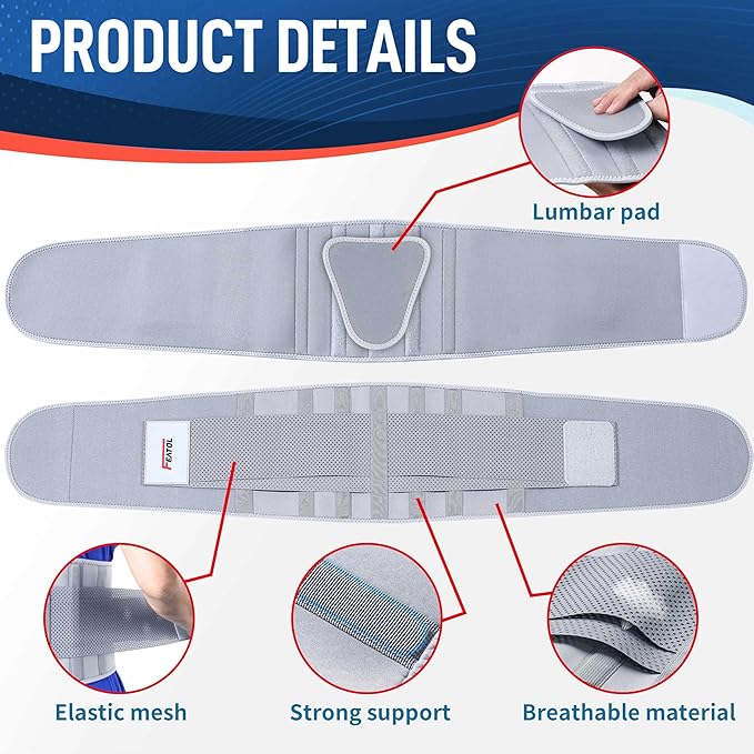 FEATOL Back Brace for Lower Back Pain Women, Breathable Back Support Belt for Women & Men with Lumbar Pad, Lumbar Support Belt for Heavy Lifting & Work, Scoliosis, Grey, 4XL (Circumference:63-68")